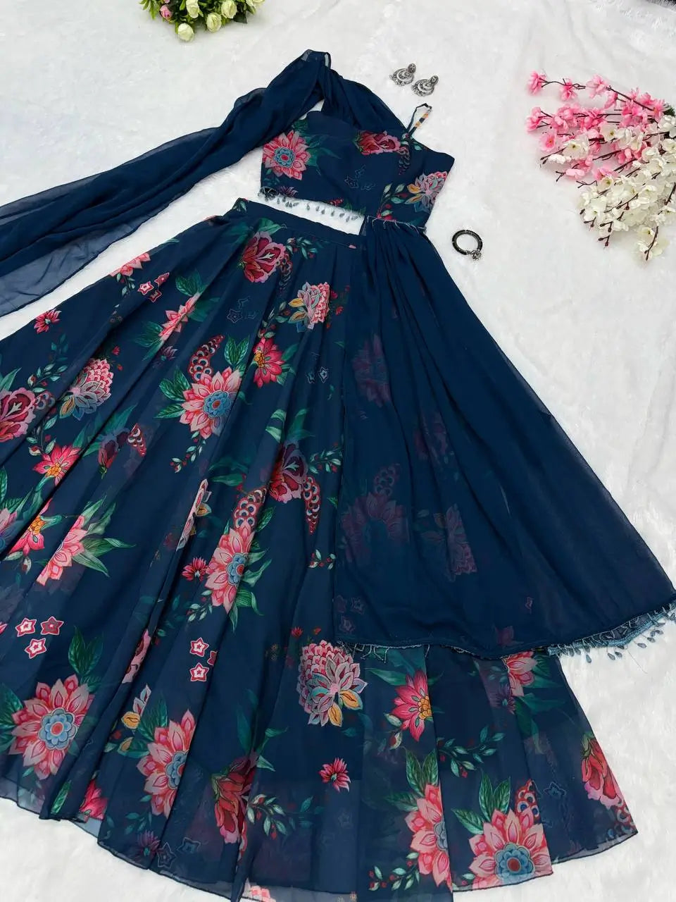 Georgette Floral Printed Lehenga Set with Draped Dupatta Blouse