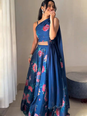 Georgette Floral Printed Lehenga Set with Draped Dupatta Blouse