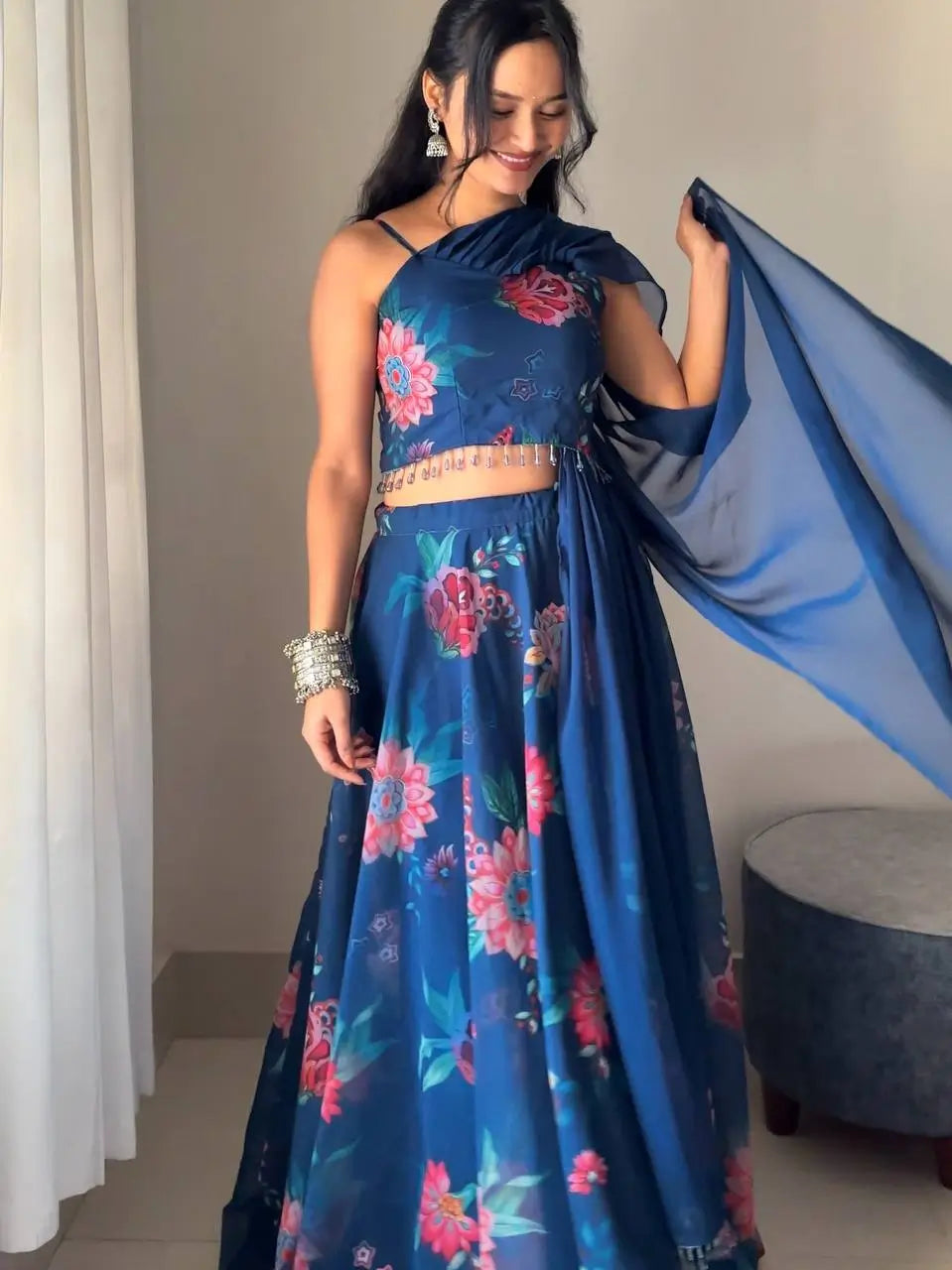 Georgette Floral Printed Lehenga Set with Draped Dupatta Blouse