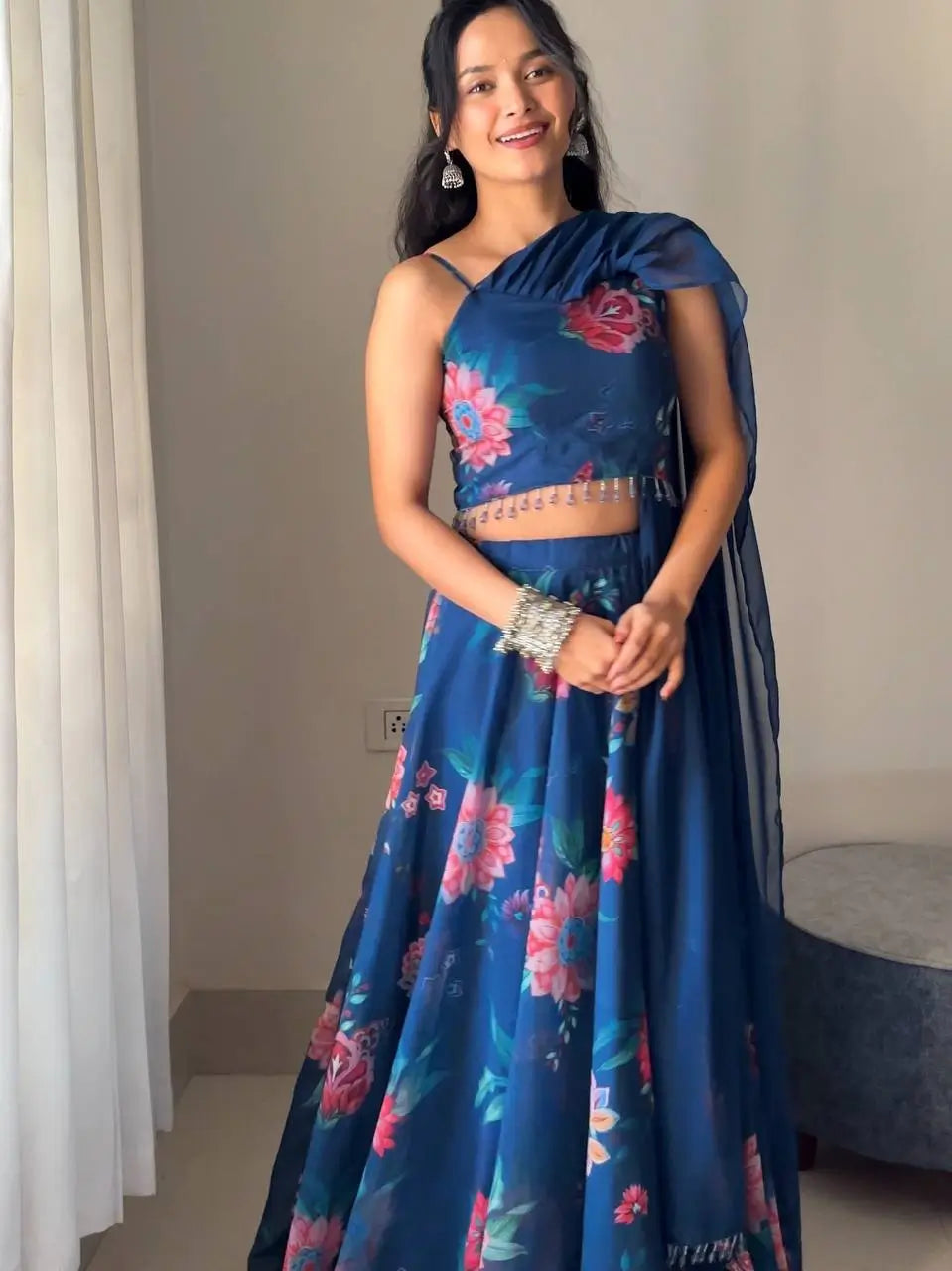 Georgette Floral Printed Lehenga Set with Draped Dupatta Blouse