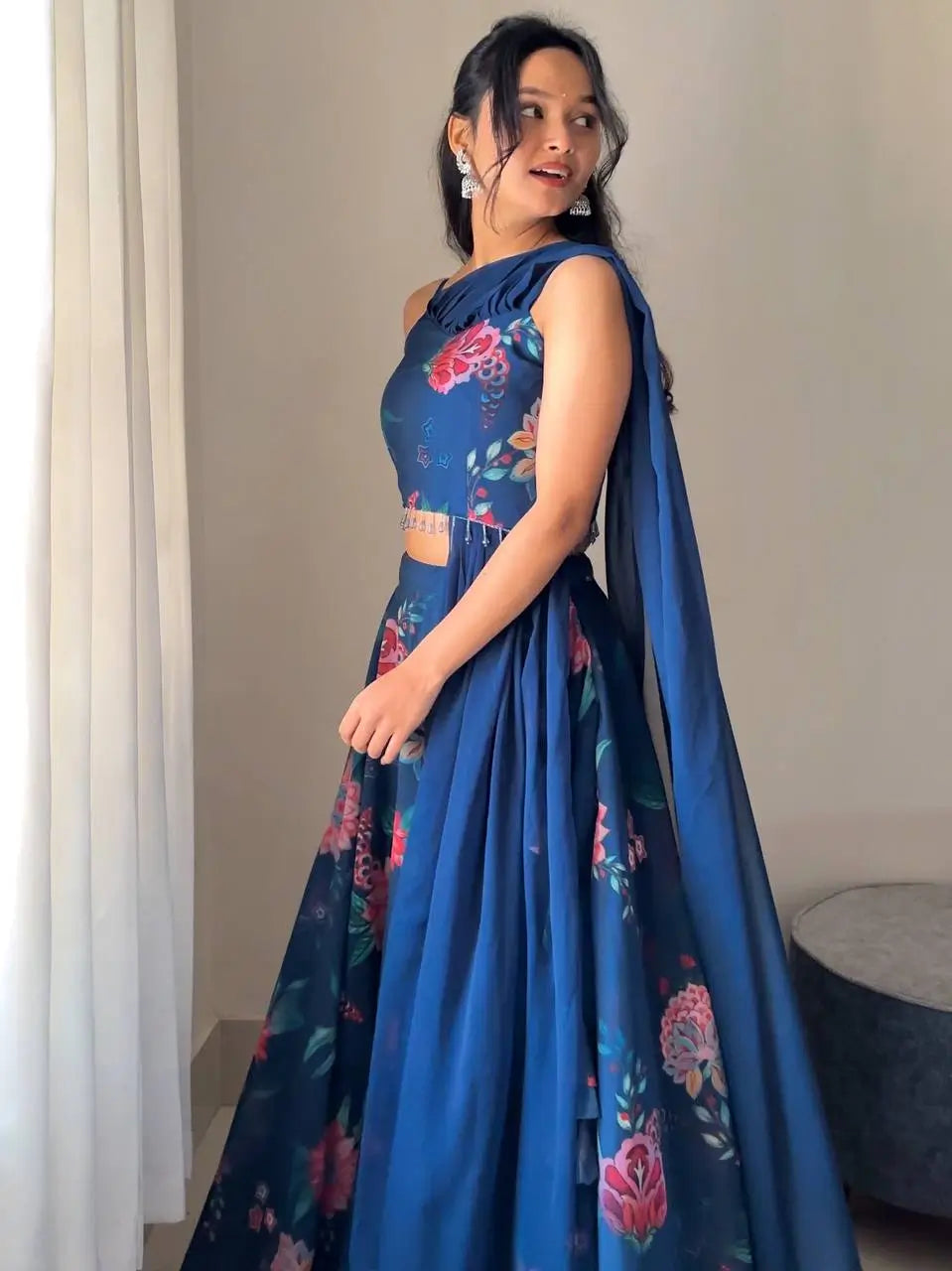 Georgette Floral Printed Lehenga Set with Draped Dupatta Blouse