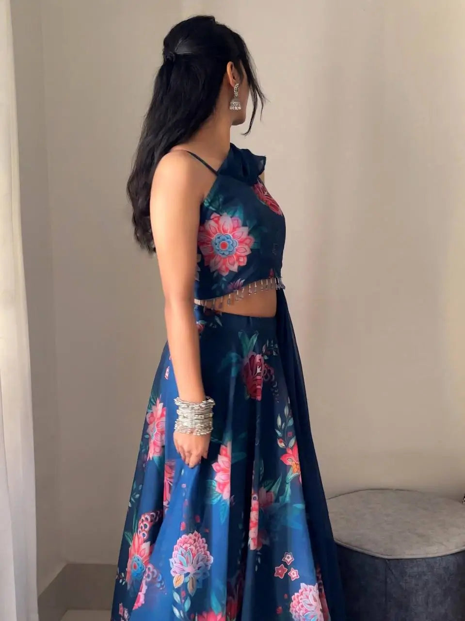 Georgette Floral Printed Lehenga Set with Draped Dupatta Blouse