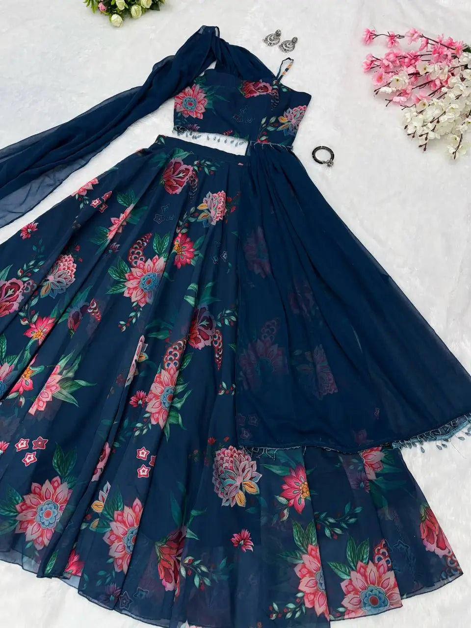 Georgette Floral Printed Lehenga Set with Draped Dupatta Blouse