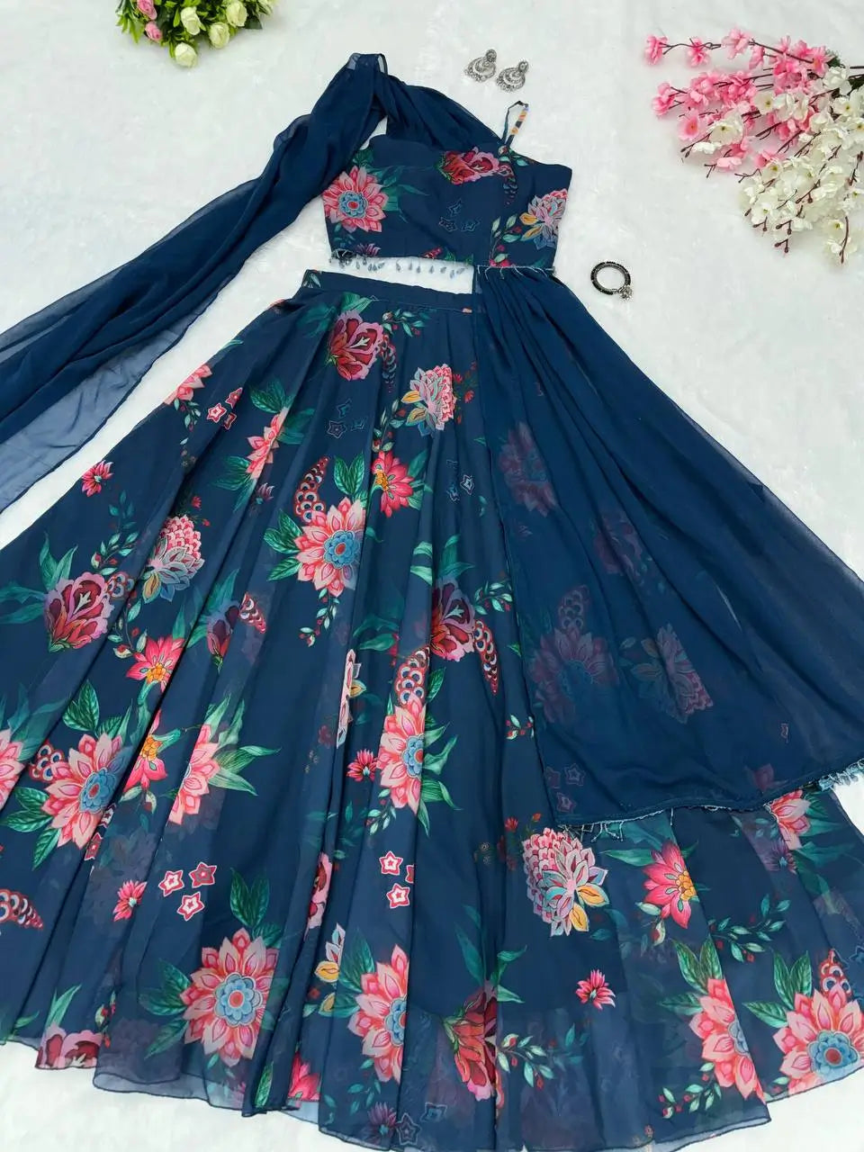 Georgette Floral Printed Lehenga Set with Draped Dupatta Blouse