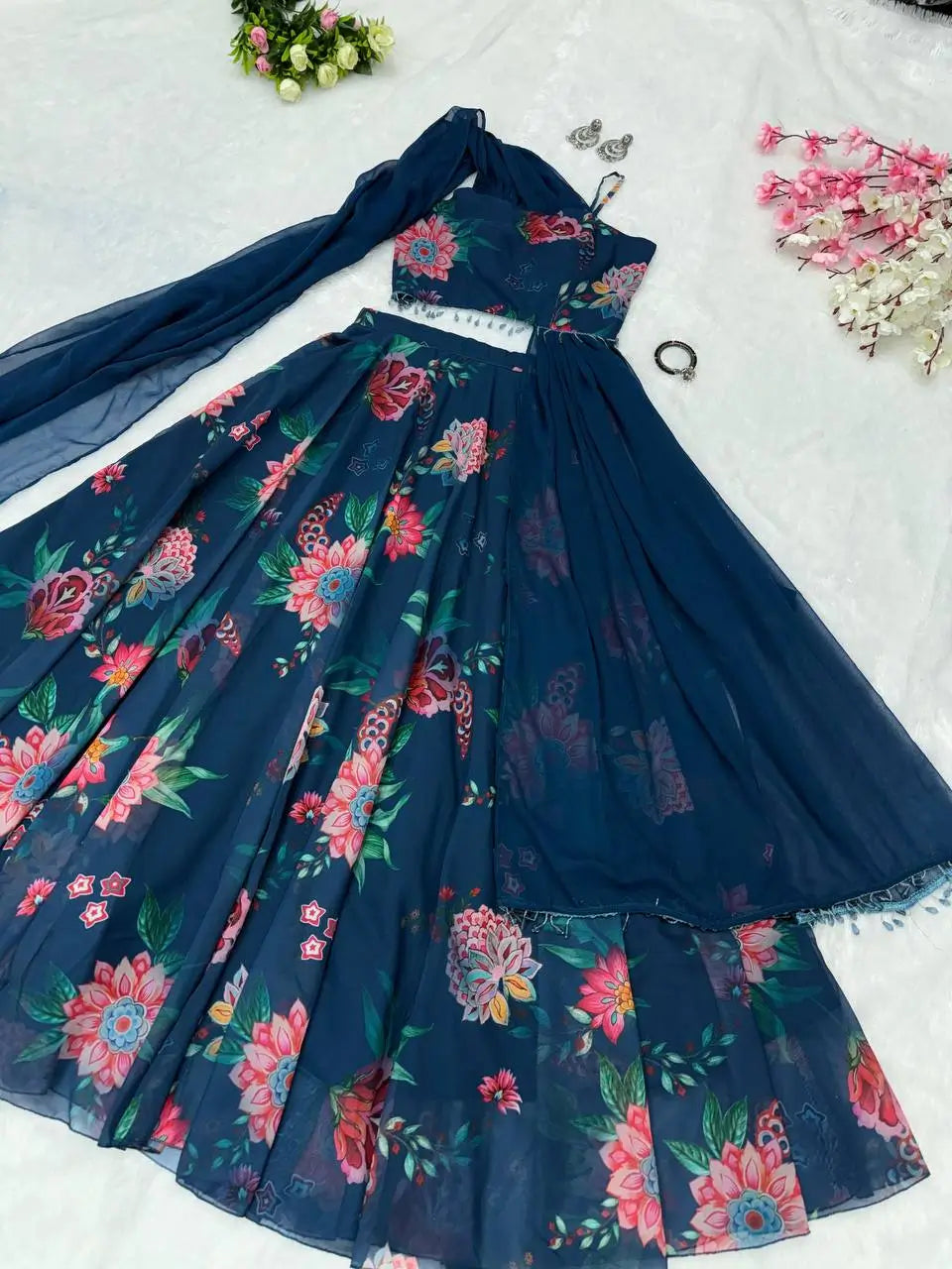 Georgette Floral Printed Lehenga Set with Draped Dupatta Blouse