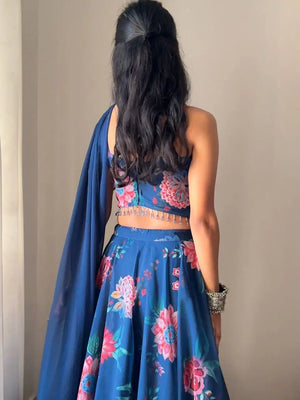 Georgette Floral Printed Lehenga Set with Draped Dupatta Blouse