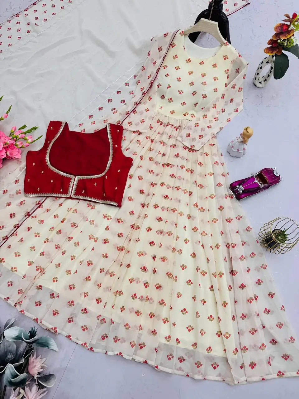 Georgette Gown Set with Embroidered Koti and Dupatta