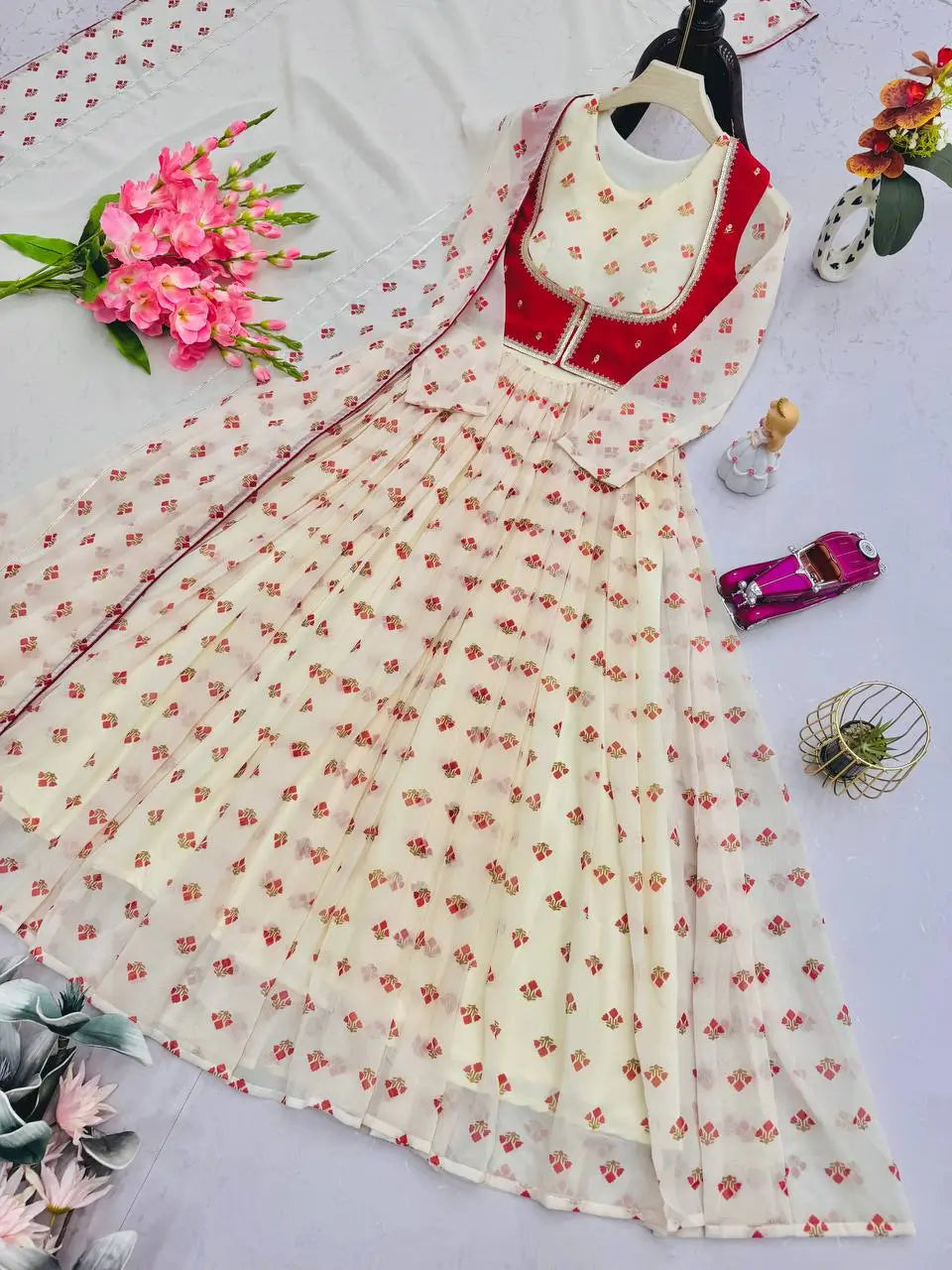 Georgette Gown Set with Embroidered Koti and Dupatta