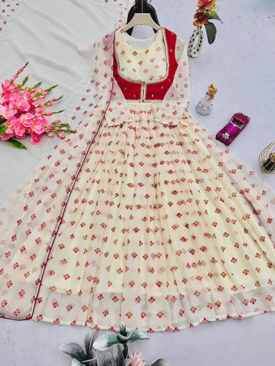 Georgette Gown Set with Embroidered Koti and Dupatta