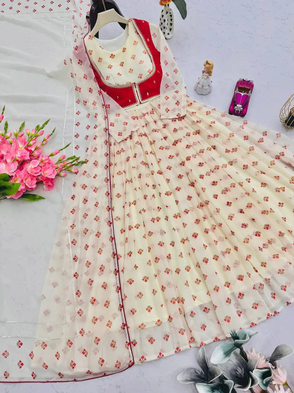 Georgette Gown Set with Embroidered Koti and Dupatta