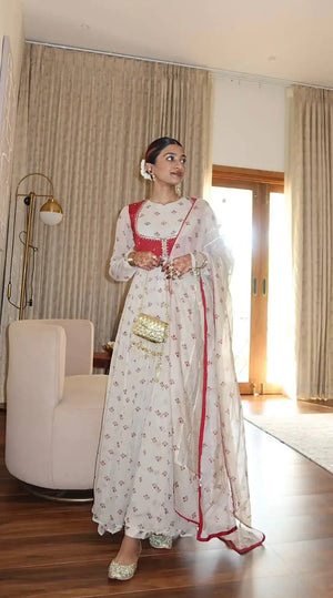 Georgette Gown Set with Embroidered Koti and Dupatta