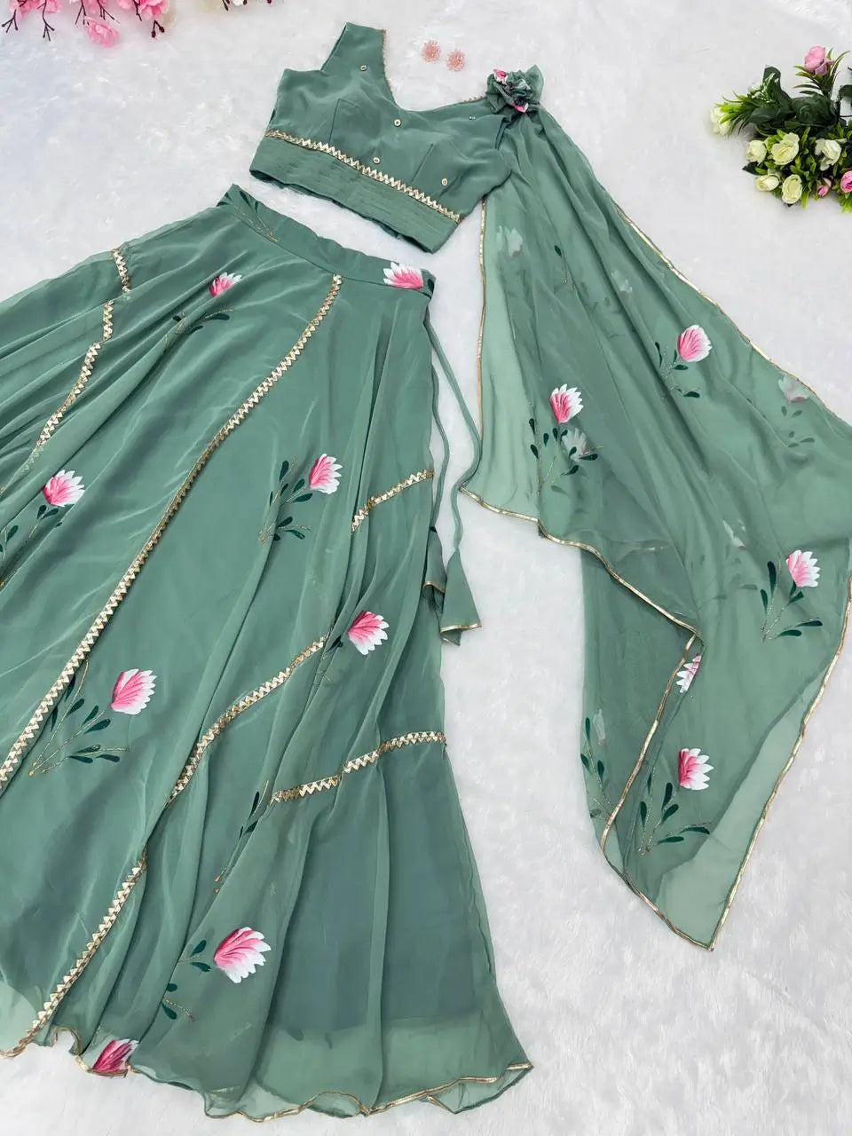 Georgette Handpainted Lehenga Set with Draped Dupatta Blouse