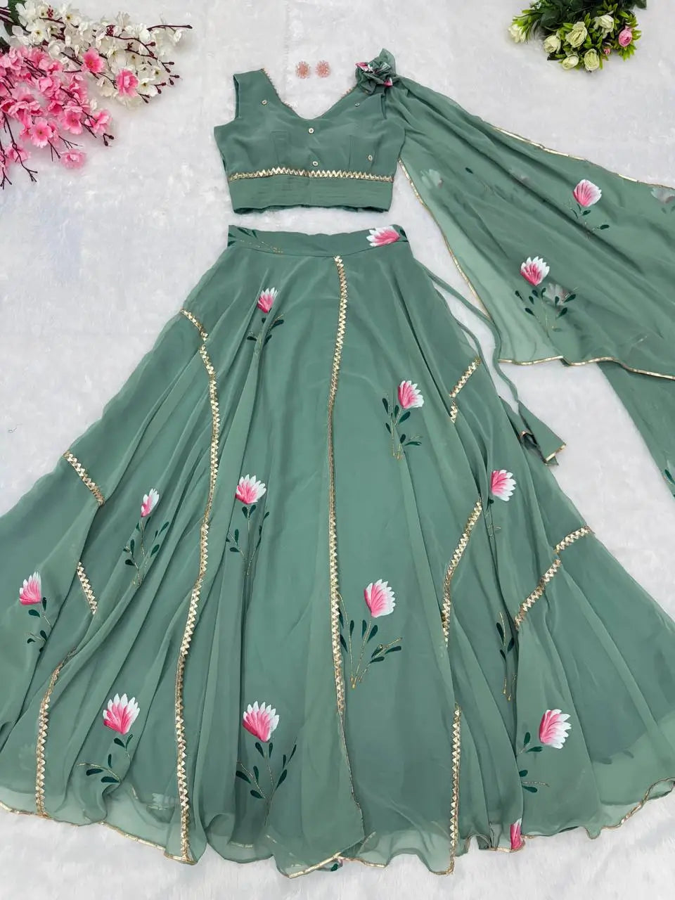 Georgette Handpainted Lehenga Set with Draped Dupatta Blouse