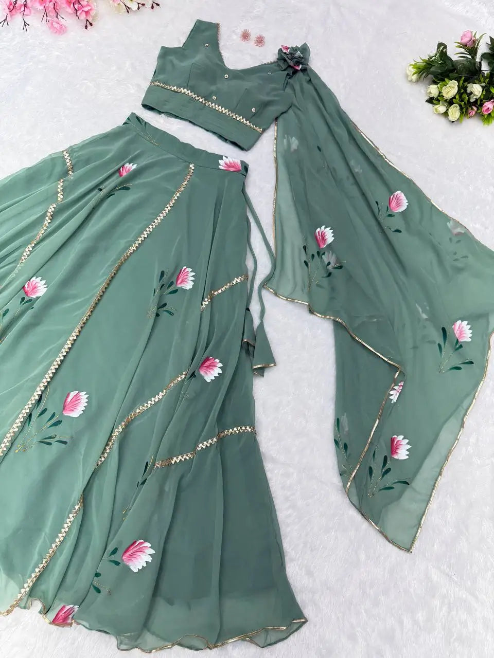 Georgette Handpainted Lehenga Set with Draped Dupatta Blouse