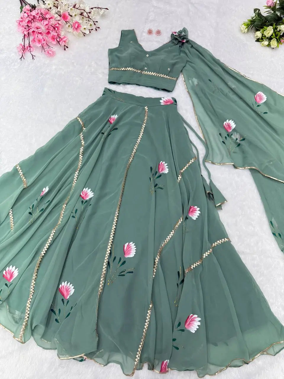 Georgette Handpainted Lehenga Set with Draped Dupatta Blouse