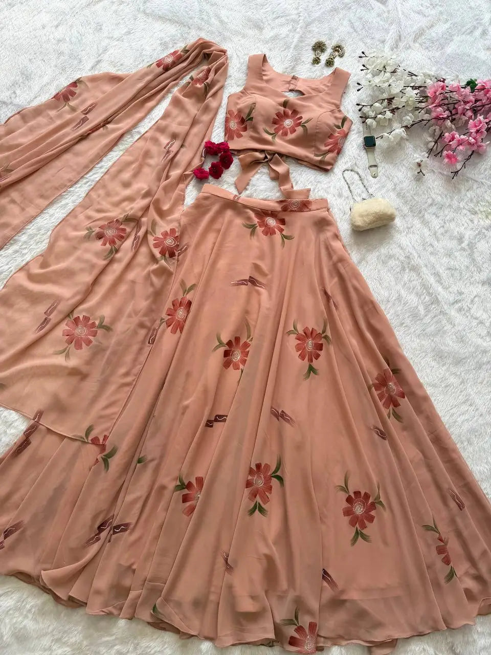 Georgette Handpainted Lehenga Set with Draped Dupatta Blouse