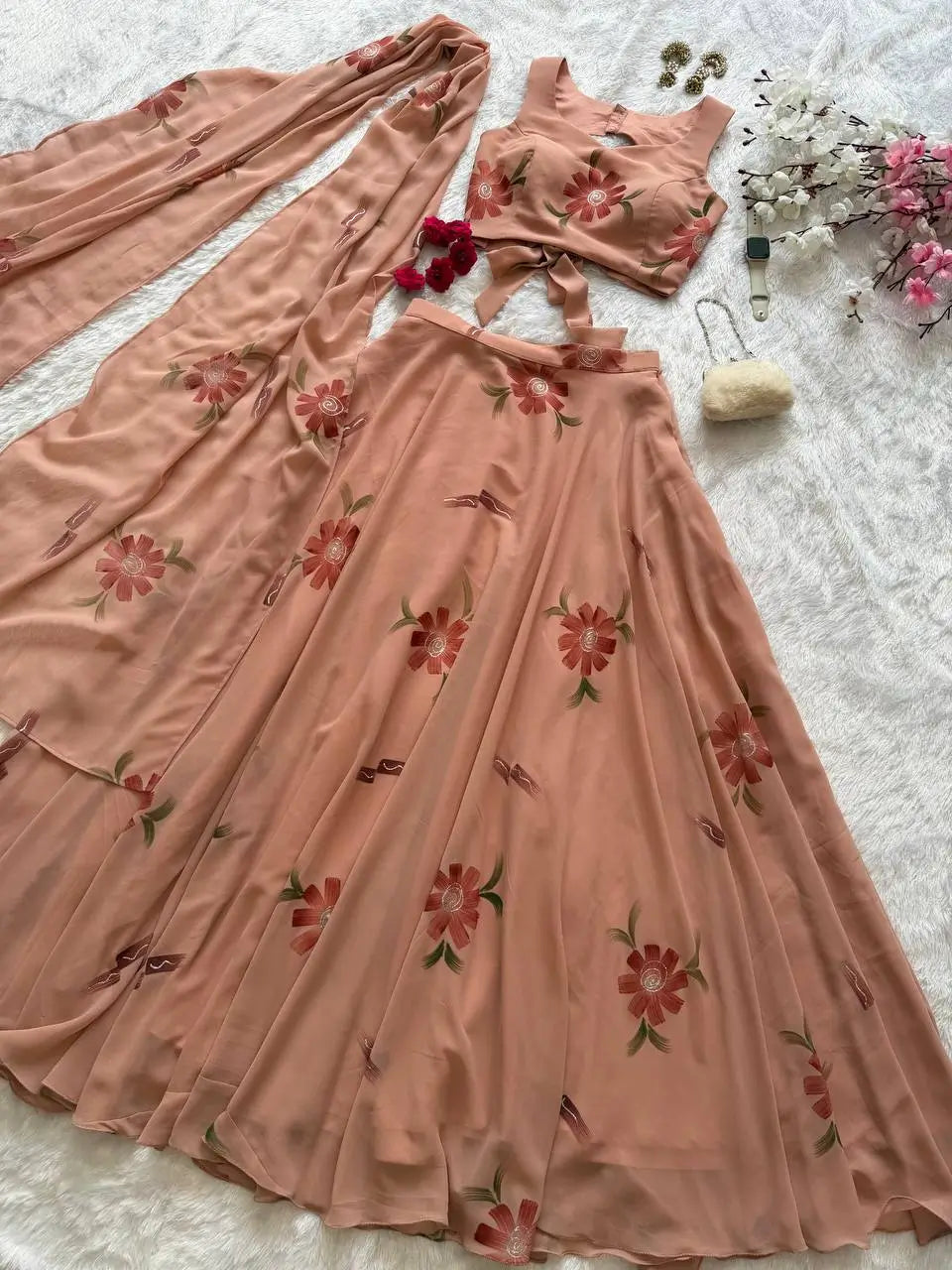 Georgette Handpainted Lehenga Set with Draped Dupatta Blouse