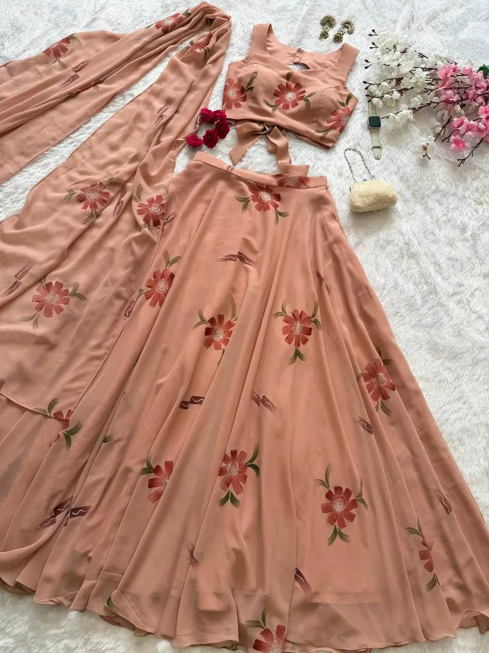 Georgette Handpainted Lehenga Set with Draped Dupatta Blouse