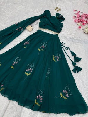 Georgette Handpainted Lehenga Set with Draped Dupatta Blouse