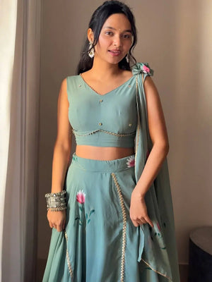 Georgette Handpainted Lehenga Set with Draped Dupatta Blouse