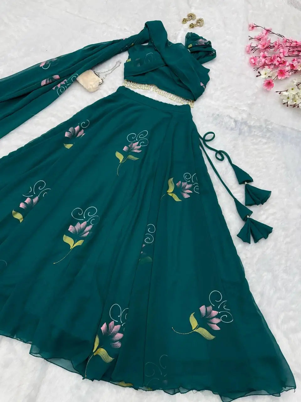 Georgette Handpainted Lehenga Set with Draped Dupatta Blouse
