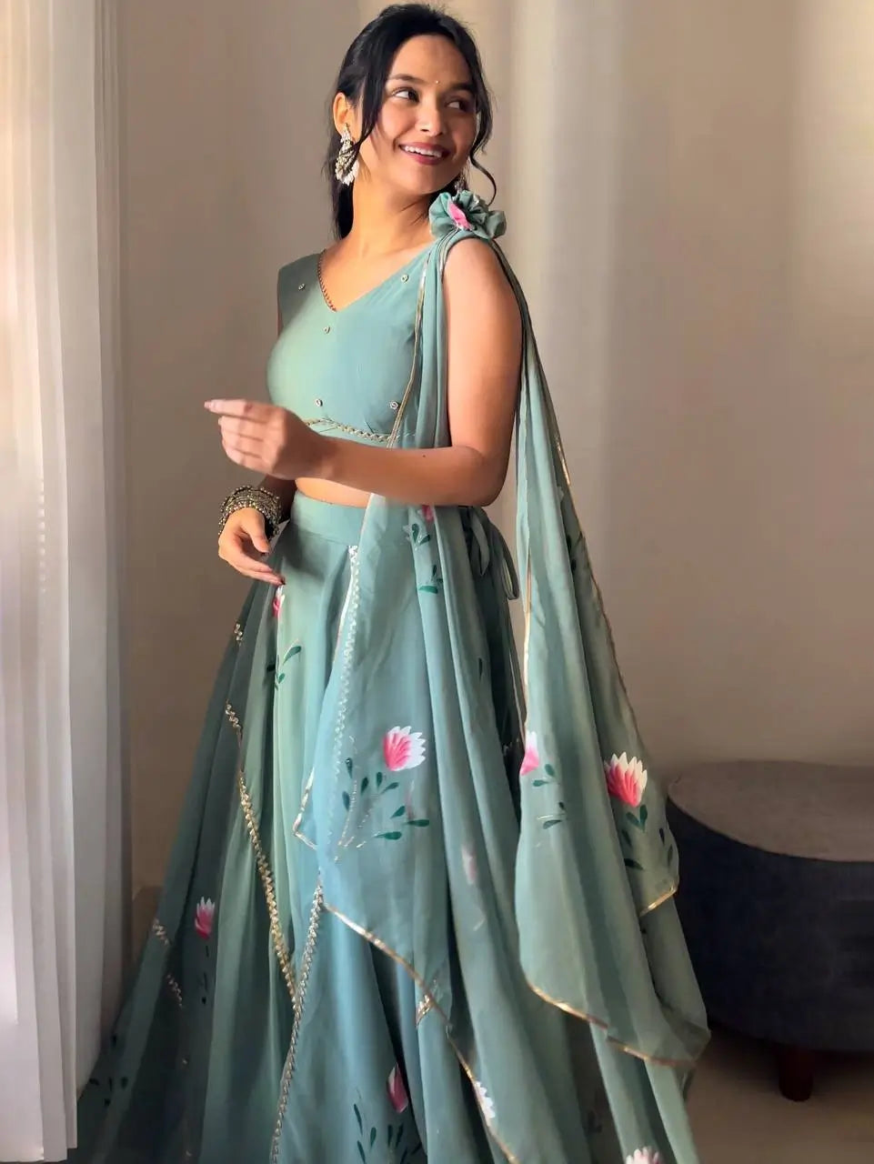 Georgette Handpainted Lehenga Set with Draped Dupatta Blouse