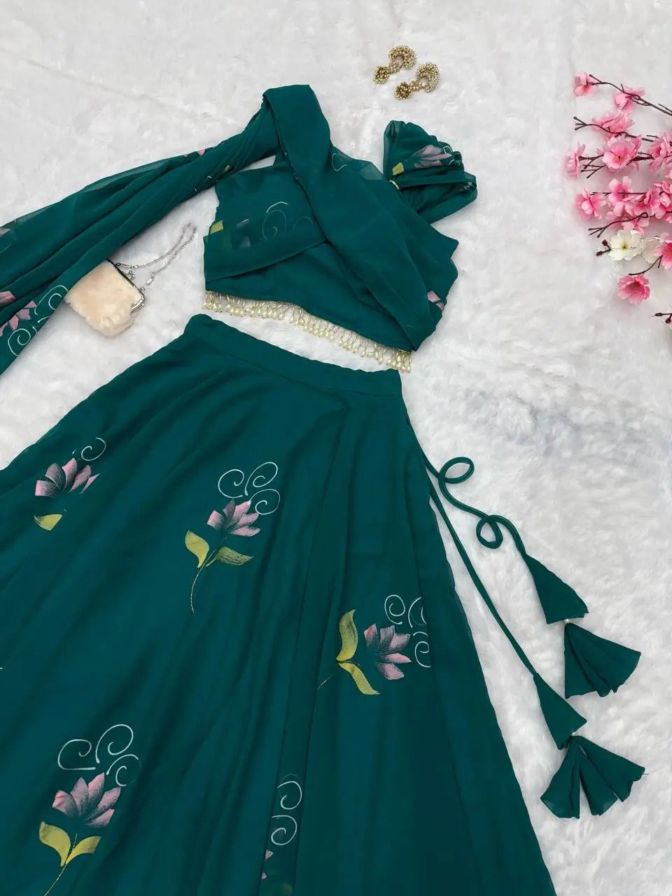 Georgette Handpainted Lehenga Set with Draped Dupatta Blouse