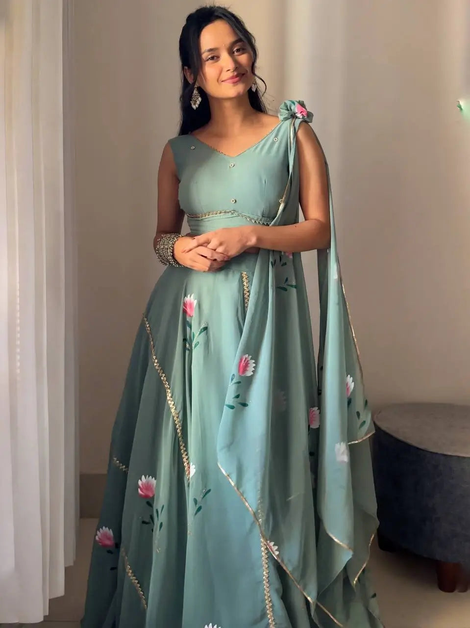 Georgette Handpainted Lehenga Set with Draped Dupatta Blouse