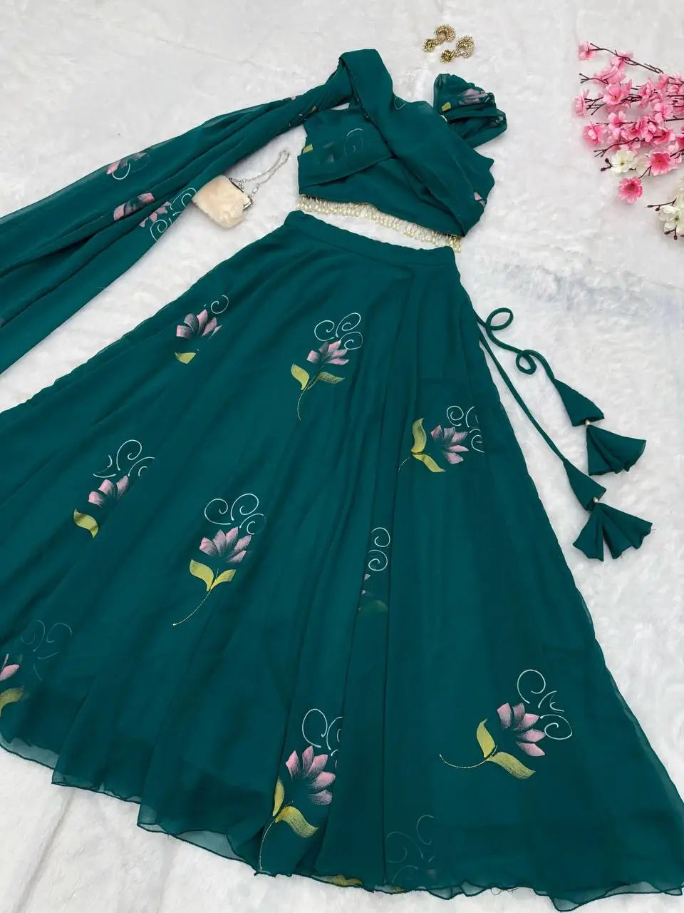 Georgette Handpainted Lehenga Set with Draped Dupatta Blouse