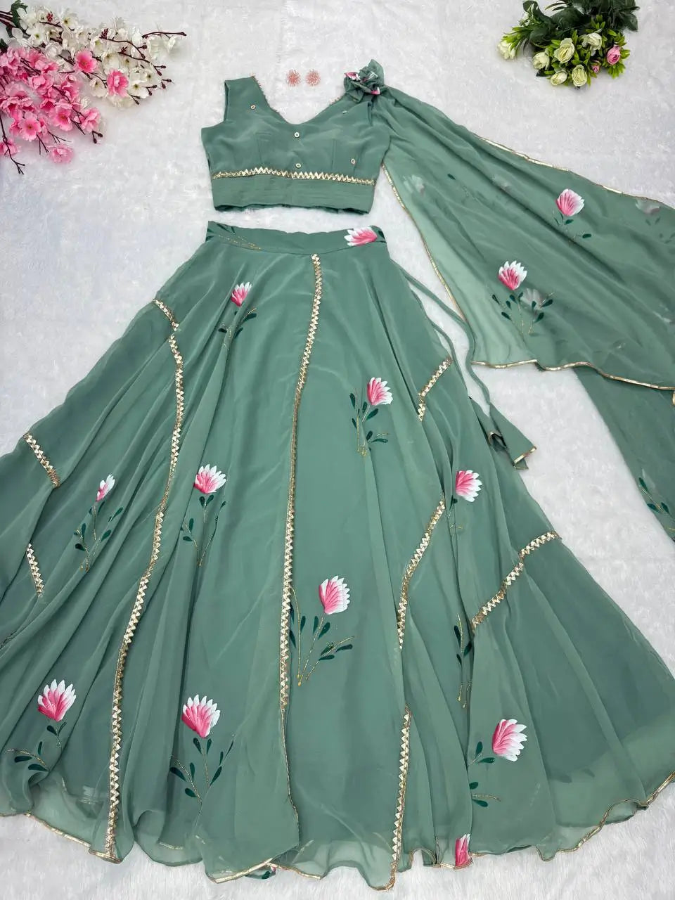 Georgette Handpainted Lehenga Set with Draped Dupatta Blouse
