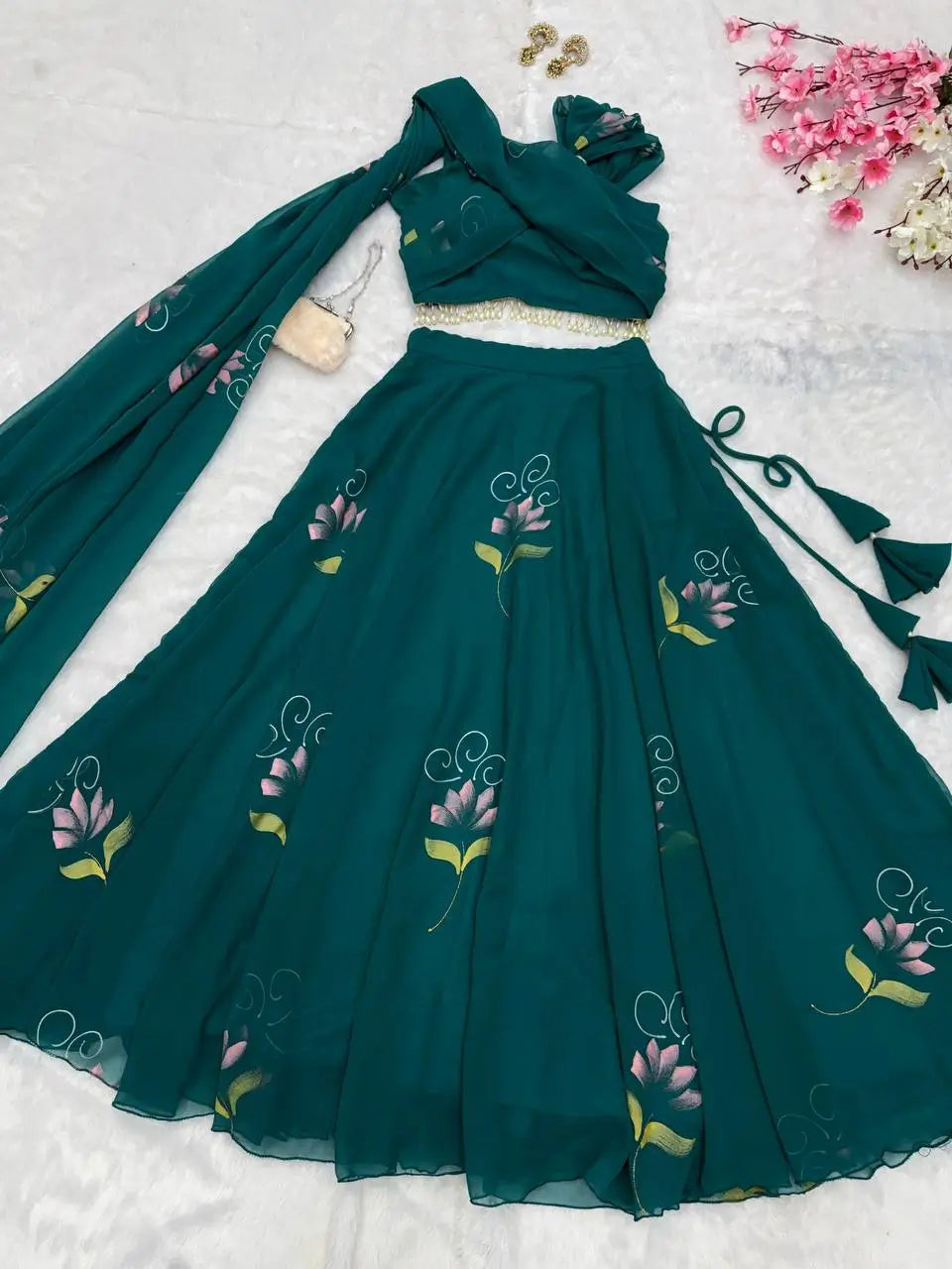Georgette Handpainted Lehenga Set with Draped Dupatta Blouse