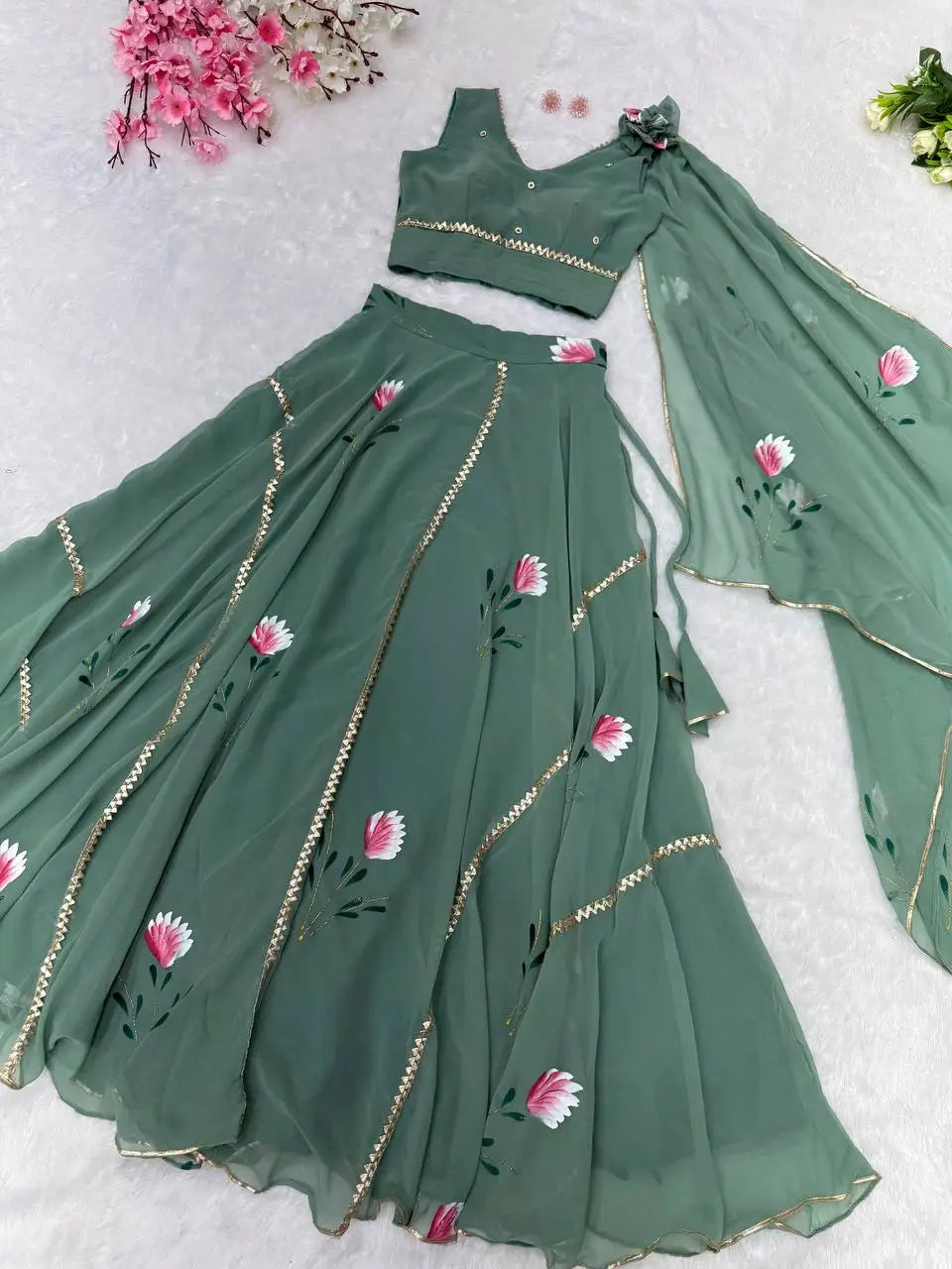 Georgette Handpainted Lehenga Set with Draped Dupatta Blouse