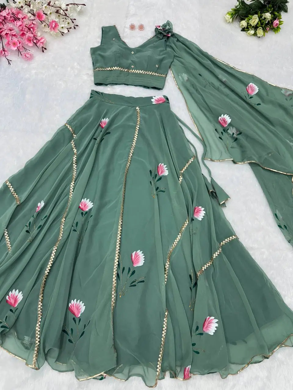 Georgette Handpainted Lehenga Set with Draped Dupatta Blouse