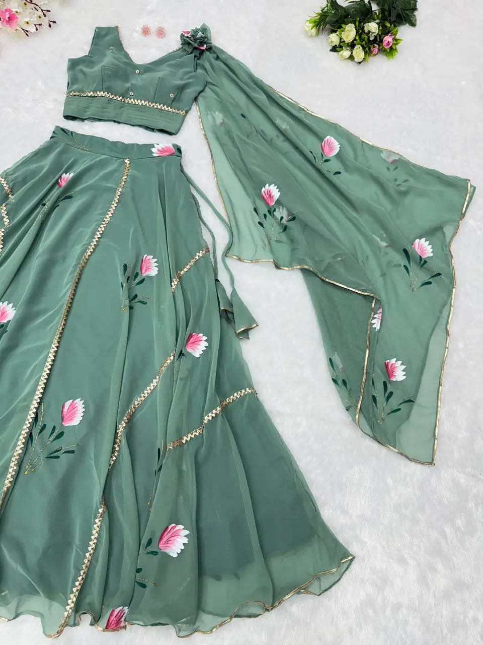 Georgette Handpainted Lehenga Set with Draped Dupatta Blouse