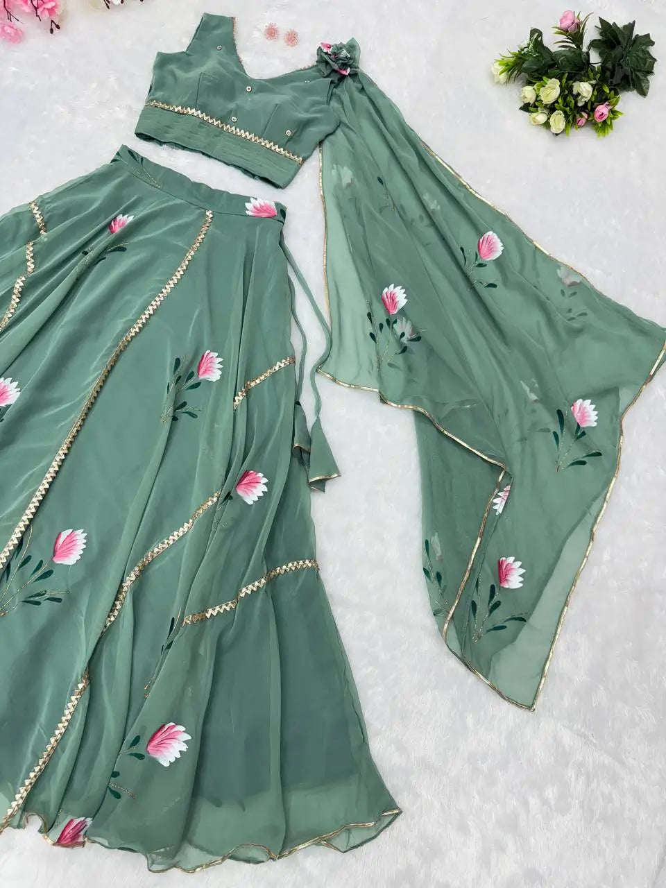 Georgette Handpainted Lehenga Set with Draped Dupatta Blouse