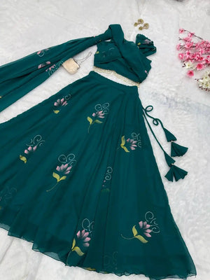 Georgette Handpainted Lehenga Set with Draped Dupatta Blouse