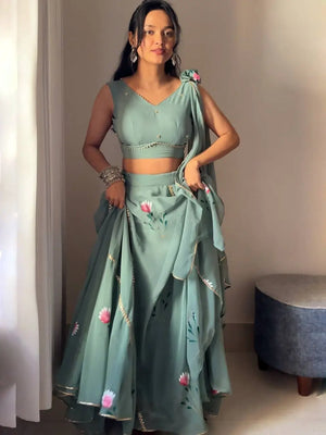 Georgette Handpainted Lehenga Set with Draped Dupatta Blouse