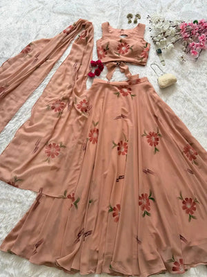 Georgette Handpainted Lehenga Set with Draped Dupatta Blouse