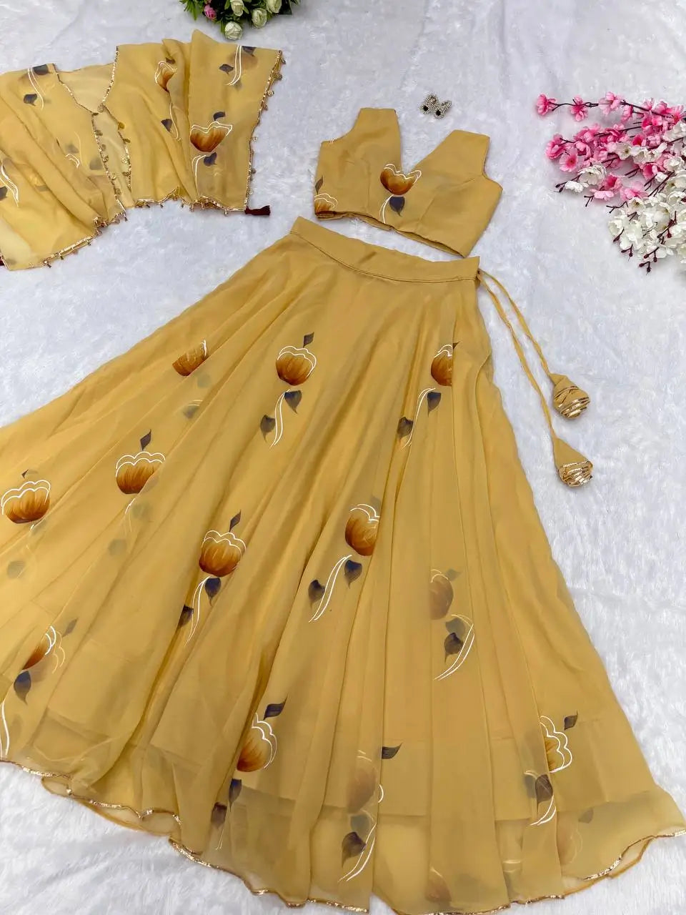 Georgette Handpainted Lehenga Set with Jacket and Blouse