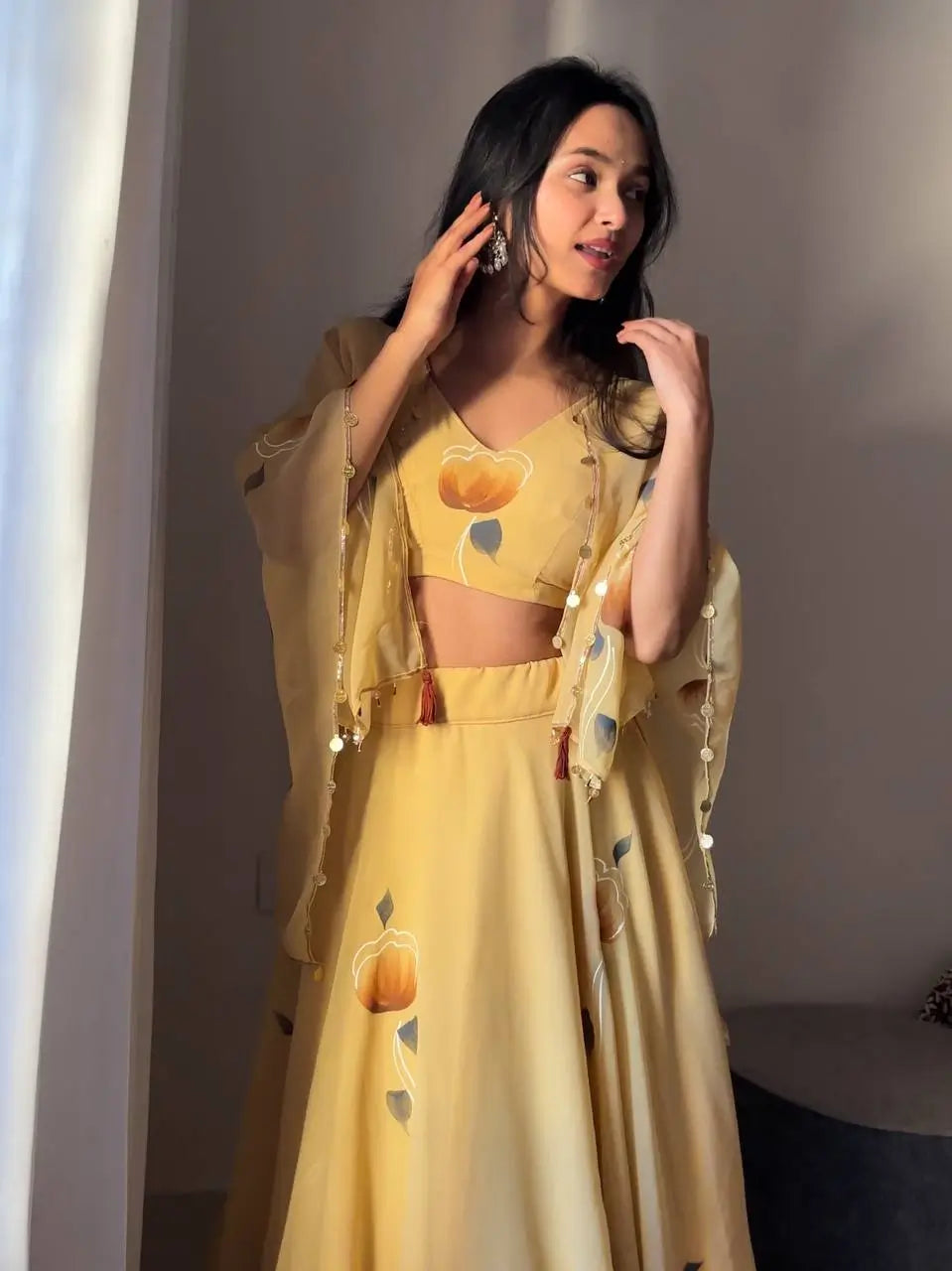 Georgette Handpainted Lehenga Set with Jacket and Blouse