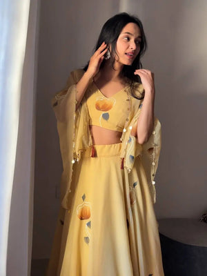 Georgette Handpainted Lehenga Set with Jacket and Blouse