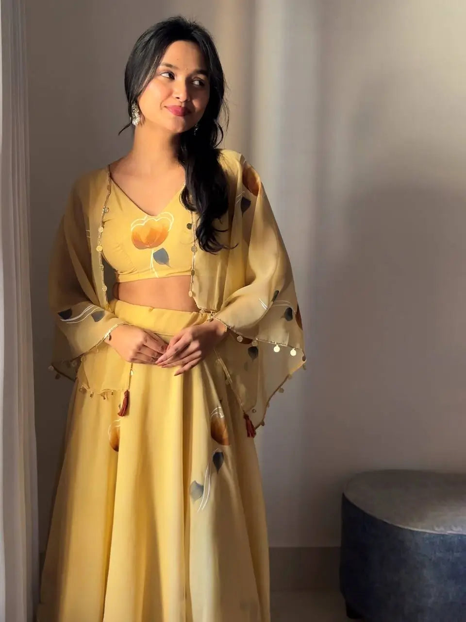 Georgette Handpainted Lehenga Set with Jacket and Blouse