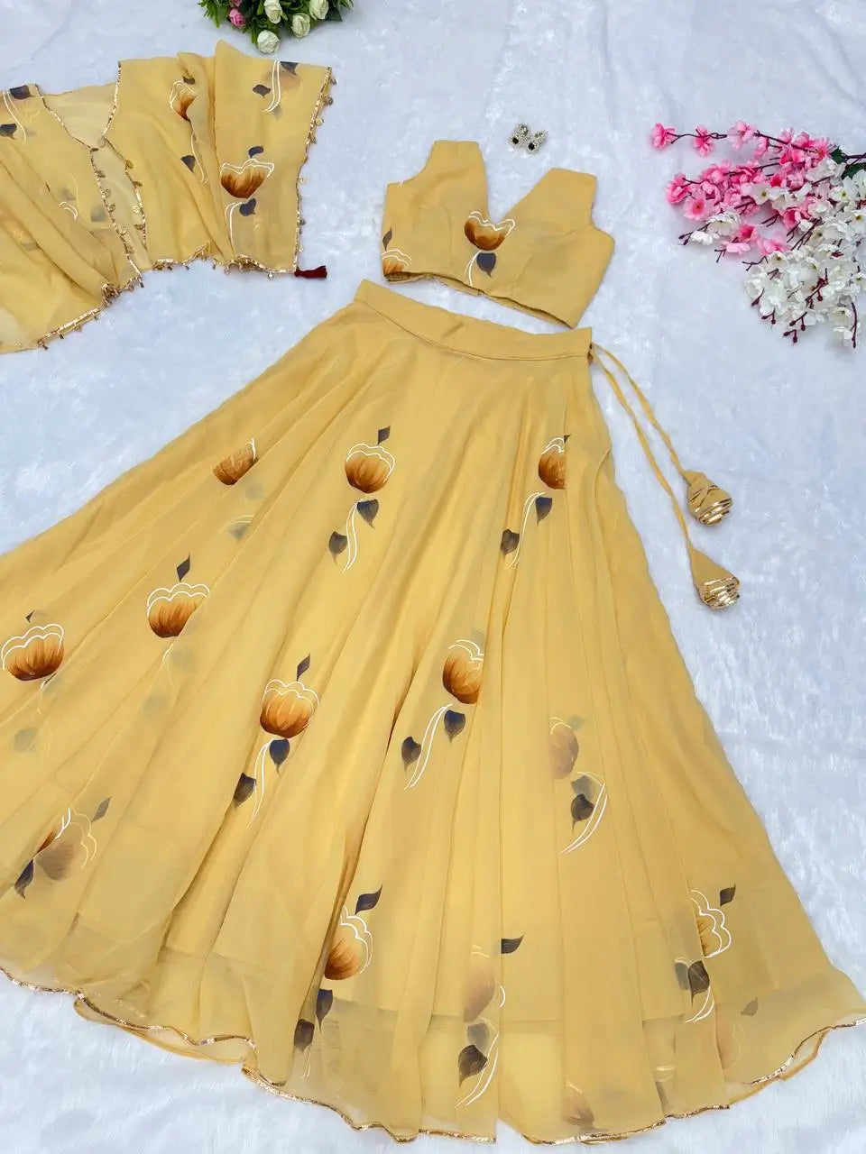Georgette Handpainted Lehenga Set with Jacket and Blouse
