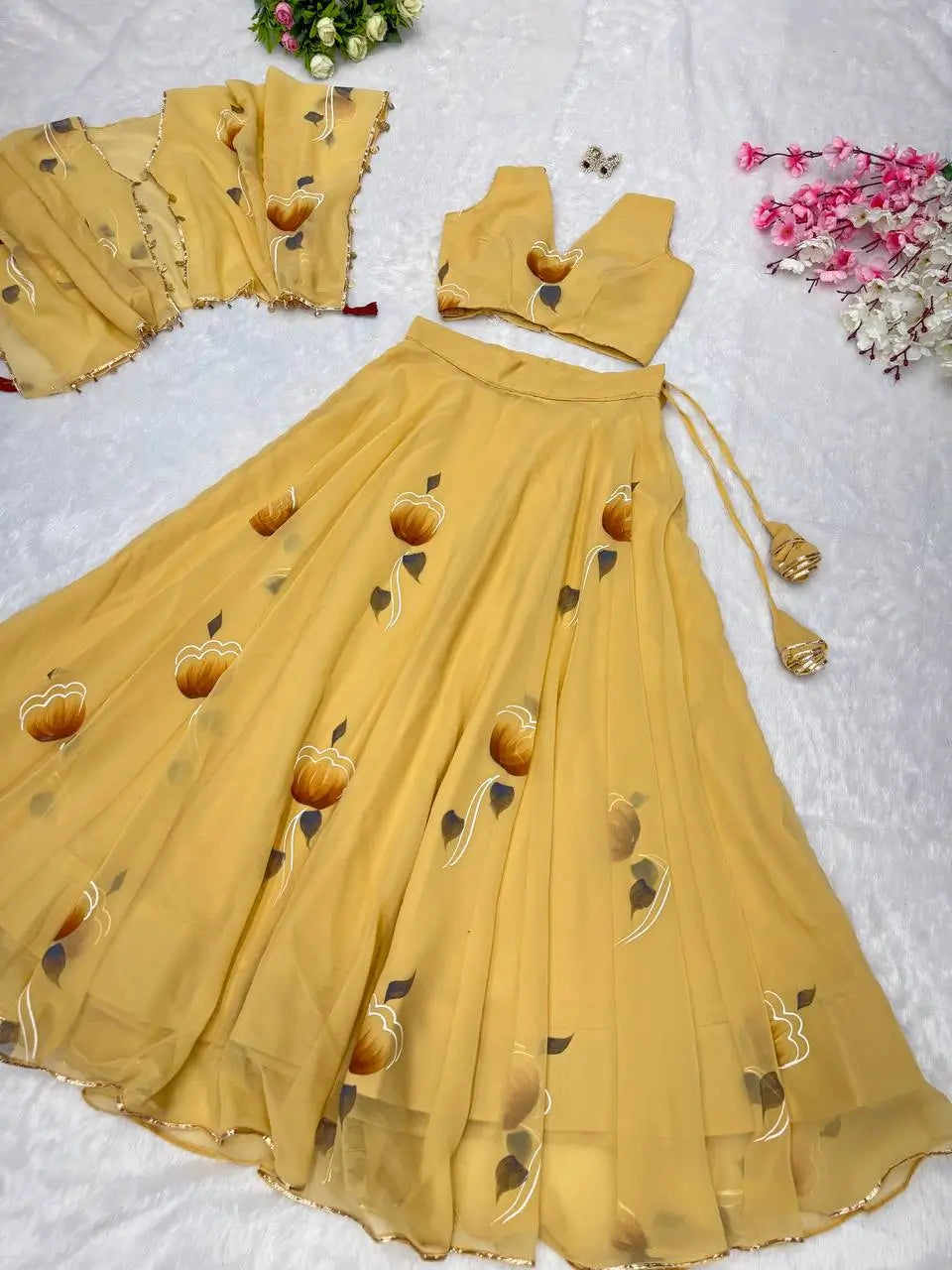Georgette Handpainted Lehenga Set with Jacket and Blouse