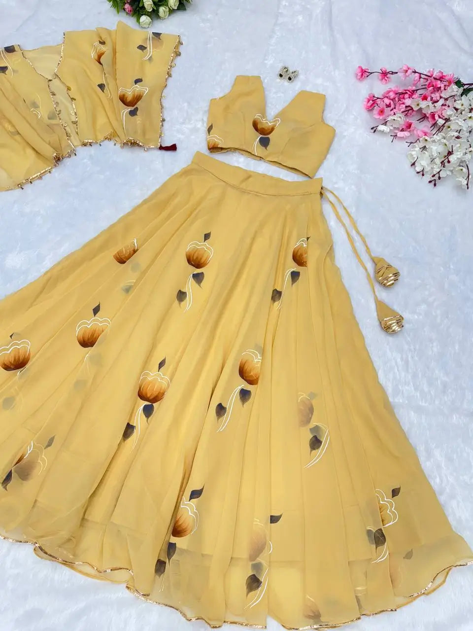 Georgette Handpainted Lehenga Set with Jacket and Blouse