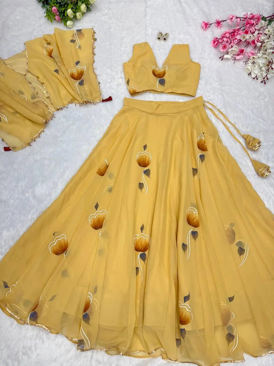 Georgette Handpainted Lehenga Set with Jacket and Blouse