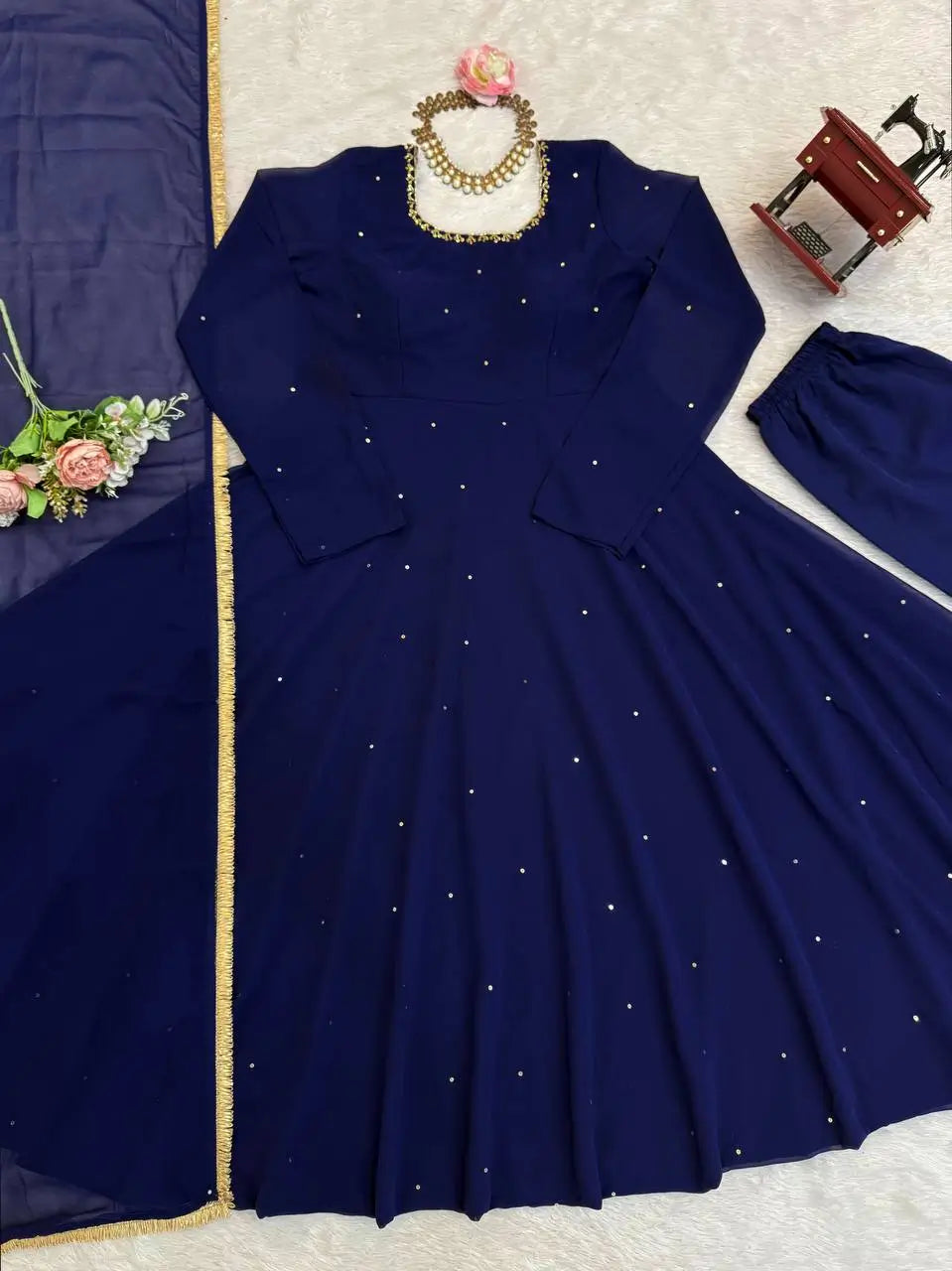 Georgette Handwork Anarkali Set with Pant & Diamond Lace Dupatta | Festive Party Wear
