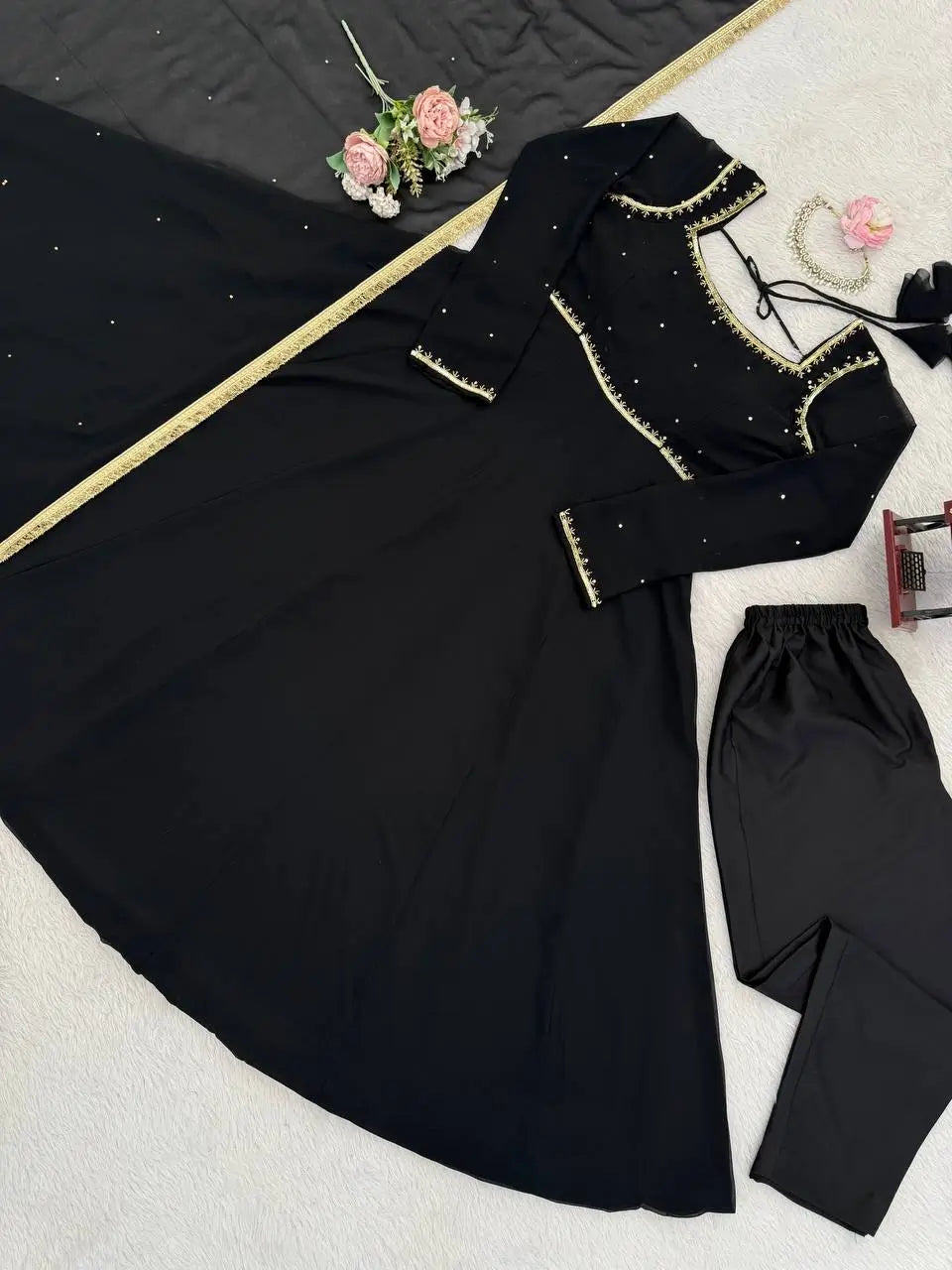 Georgette Handwork Anarkali Set with Pant & Diamond Lace Dupatta | Festive Party Wear