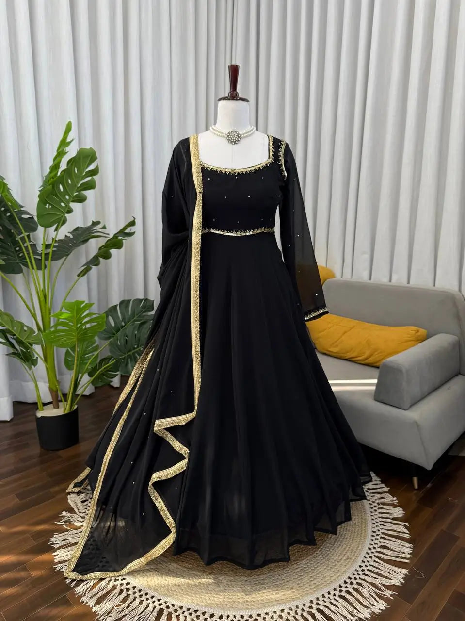 Georgette Handwork Anarkali Set with Pant & Diamond Lace Dupatta | Festive Party Wear
