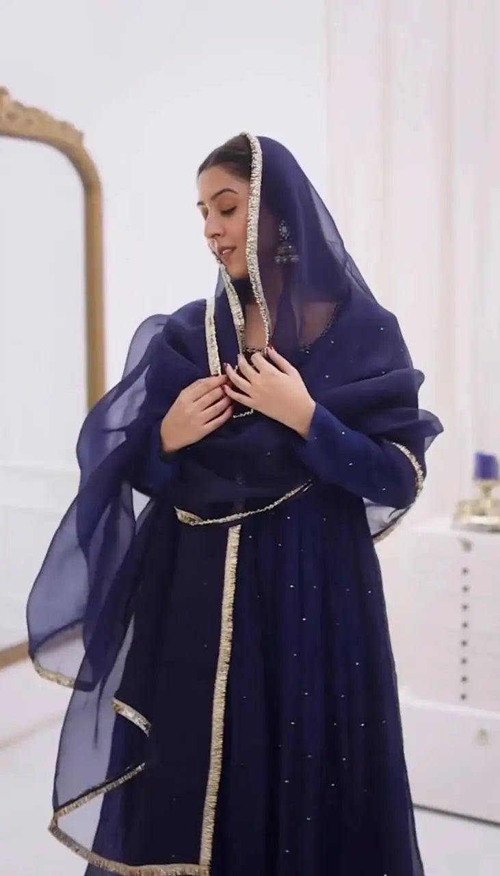 Georgette Handwork Anarkali Set with Pant & Diamond Lace Dupatta | Festive Party Wear